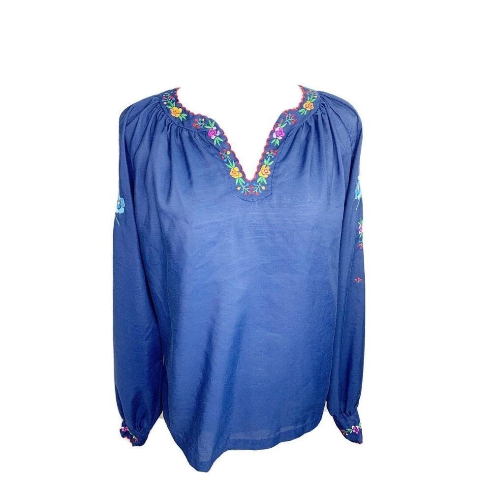 Vtg Hand Embroidered Floral Peasant Top Rich Blue - Picture 1 of 8